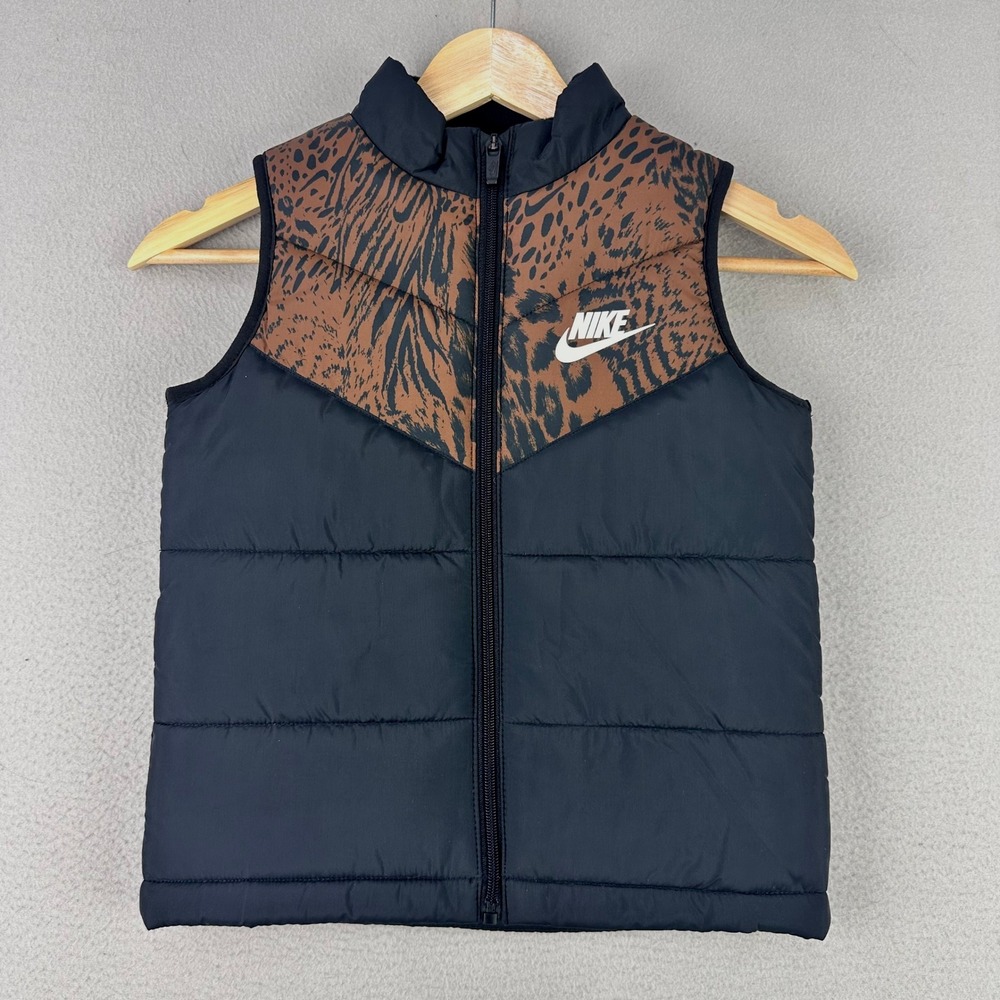 Nike Sportswear Puffer Vest Kids Size 6‎ Black Animal Print Leopard Insulated